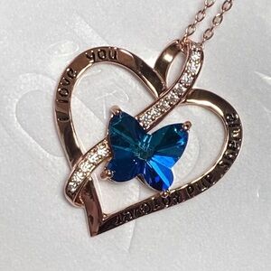 OR Old Rubin Clear CZ & Blue Butterfly 18 K Over Sterling Silver Heart Necklace